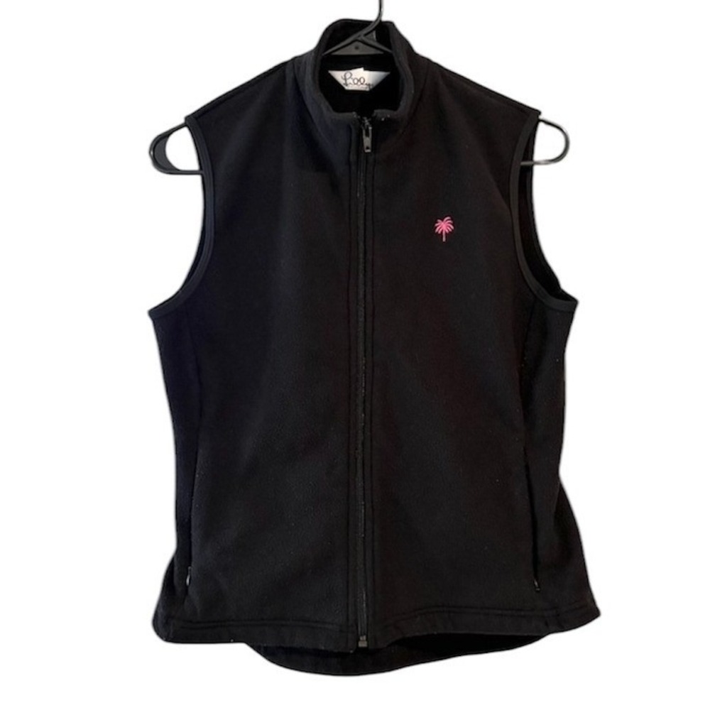 Lilly Pulitzer Black Fleece Full Zip Vest Pink Palm Tree Logo SMALL